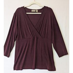 Chico's Travelers Top Stretch Slinky Knit V-Neck 3/4‎ Sleeve Burgundy Size Large